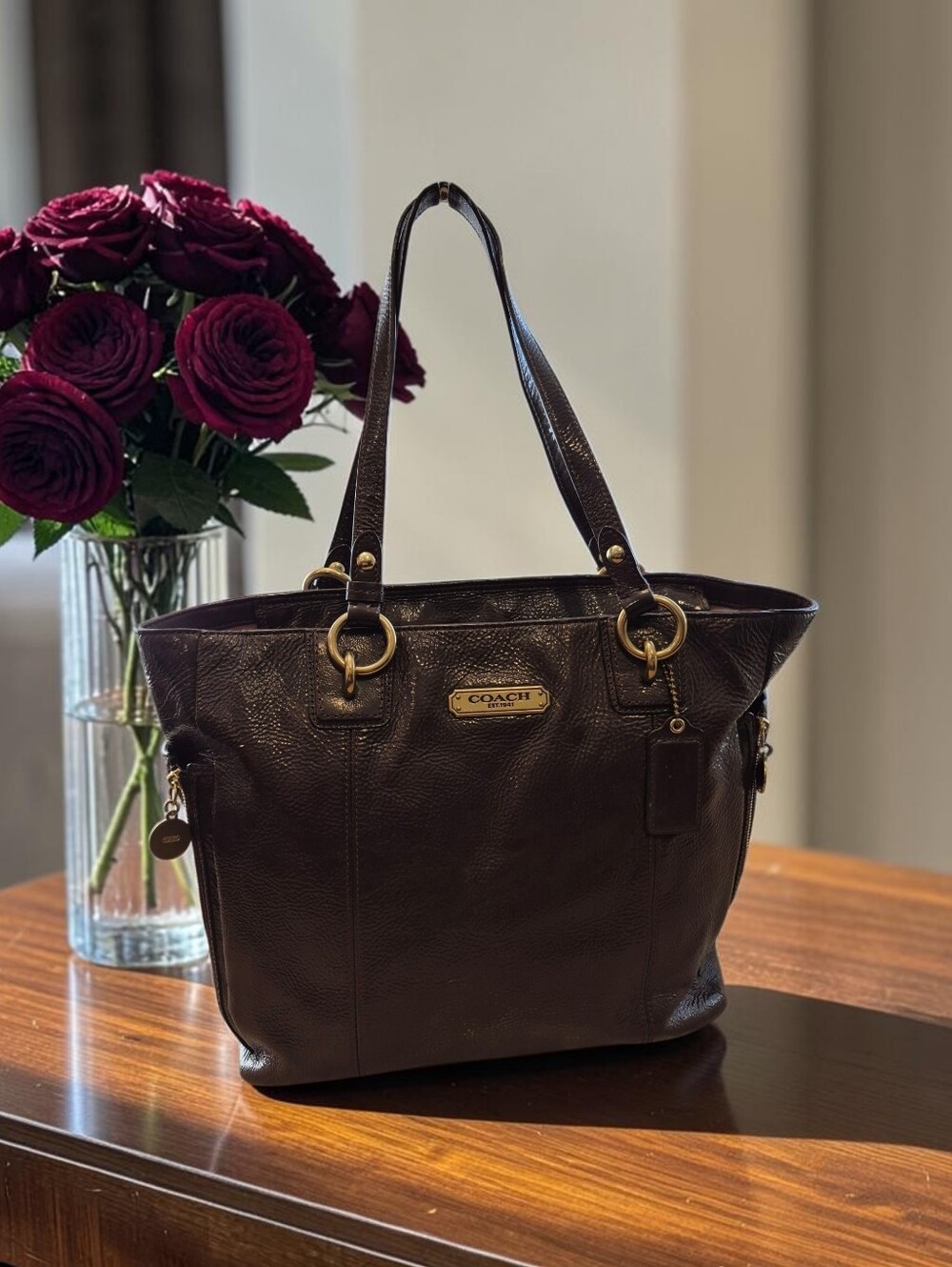 Coach Patent Leather Gallery Tote Bag In Mahogany Brown